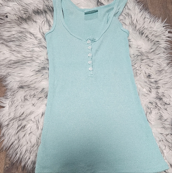 Vintage Mint Green Shimmery Ribbed Henley Tank Top By Michael Stars - Picture 2 of 9
